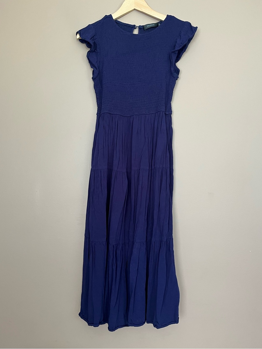 {Zesica} Short Flutter Sleeve Midi Dress with Smocked Upper in Navy - Small